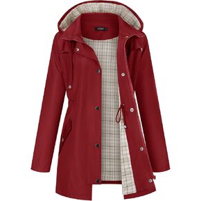 LOMON Women Rain Jacket Lightweight Hooded Jackets Women Lined Trench Coats Waterproof Outdoor Hiking Raincoat Grey XL (Big Plaid Lining)