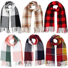 Coume 6 Pcs Women Scarf Women Winter Warm Long Soft Scarf Plaid Tassel Scarf Buffalo Plaid Scarf Blanket Large Knit Tartan Scarves Wrap Shawl for Women gift