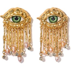 Evil Eye Earrings Woman 18K Gold Plated Earrings Real Pearls Vintage Celebrity Sytle Statement Art Deco Fashion Forward