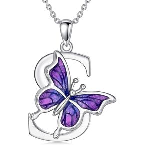 LONAGO Initial Necklace for Women 925 Sterling Silver Purple Butterfly with A-Z 26 Letters Pendant Necklace for Graduation Gifts