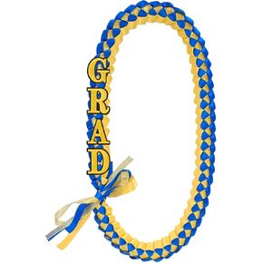 Graduation Ribbon Leis Blue Gold Handmade Braided Necklaces with Bowknot 2024 Grad Embroidery Round Letter Patches Set for High School College Graduate Party Decor Gift
