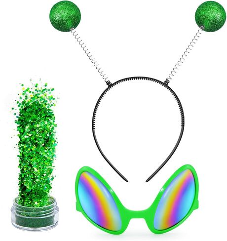 Farochy Costume Headwear - Silver Alien Headband with Glasses and Holographic Glitter, Halloween, Cosplay Party, Christmas, Birthday, Unisex, Partygoers, Families, All Ages in Saudi Arabia