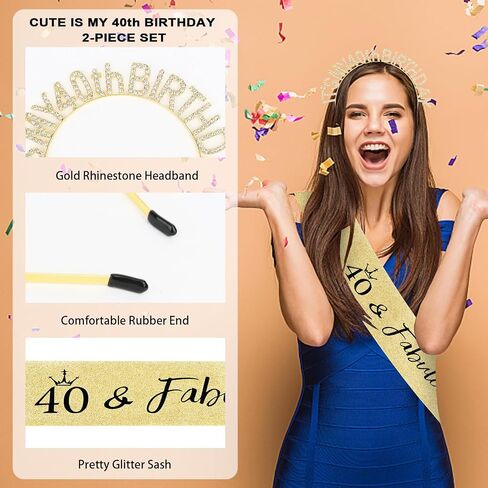 40th Birthday Decorations for Women 40th Birthday Sash & Headband Set 40th Birthday Gifts Women Happy Birthday- Gold in Saudi Arabia