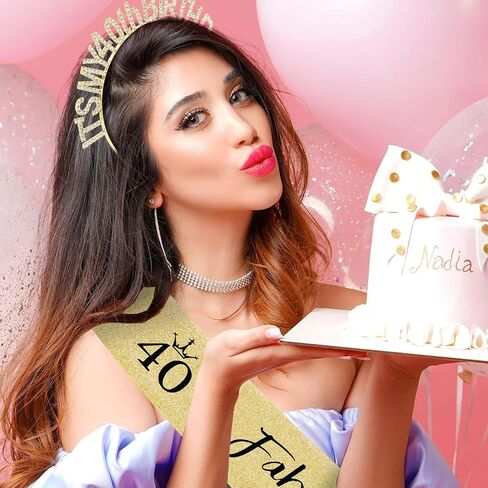40th Birthday Decorations for Women 40th Birthday Sash & Headband Set 40th Birthday Gifts Women Happy Birthday- Gold in Saudi Arabia