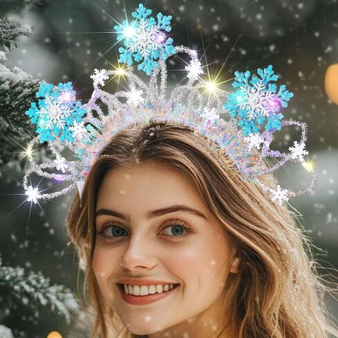 Light Up Christmas Headband Led Xmas Snowflakes Headband Glowing Festival Party Princess Dress Up Headwear for Women (Blue-White A) in Kuwait