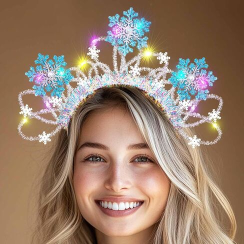 Light Up Christmas Headband Led Xmas Snowflakes Headband Glowing Festival Party Princess Dress Up Headwear for Women (Blue-White A) in Kuwait