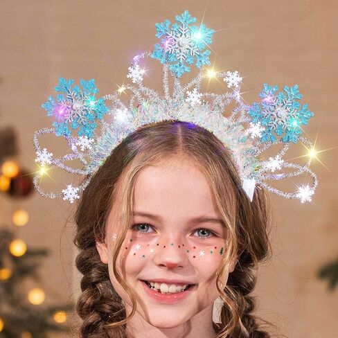 Light Up Christmas Headband Led Xmas Snowflakes Headband Glowing Festival Party Princess Dress Up Headwear for Women (Blue-White A) in Kuwait