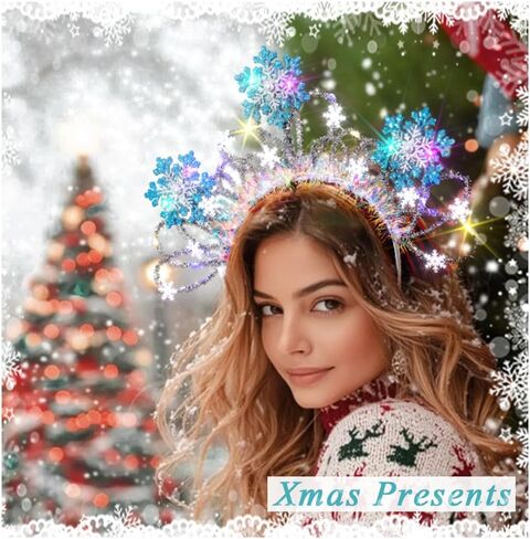 Light Up Christmas Headband Led Xmas Snowflakes Headband Glowing Festival Party Princess Dress Up Headwear for Women (Blue-White A) in Kuwait