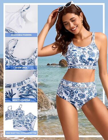 Kate Kasin Women High Waisted Bikini Set Scoop Neck Tummy Control Swimsuit Adjustable Straps Bathing Suit in Saudi Arabia