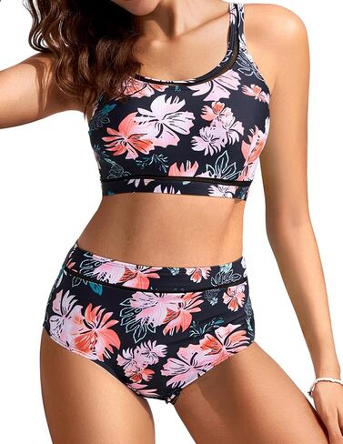 Kate Kasin Women High Waisted Bikini Set Scoop Neck Tummy Control Swimsuit Adjustable Straps Bathing Suit in Saudi Arabia