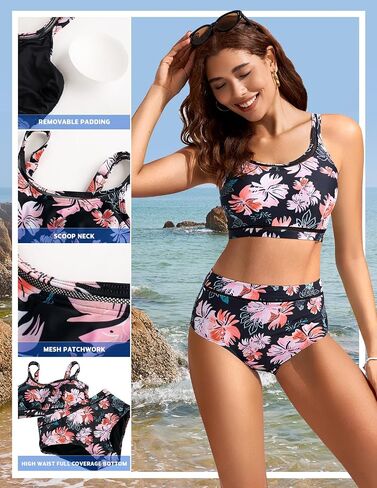 Kate Kasin Women High Waisted Bikini Set Scoop Neck Tummy Control Swimsuit Adjustable Straps Bathing Suit in Saudi Arabia