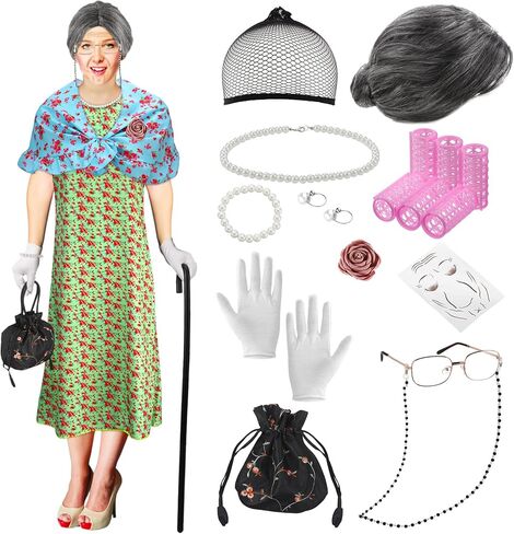 Yingzhao 20 قطعة من زي السيدة العجوز للنساء، زي الجدة المستعار، فستان الجدة لإكسسوارات الهالوين التنكرية in Kuwait