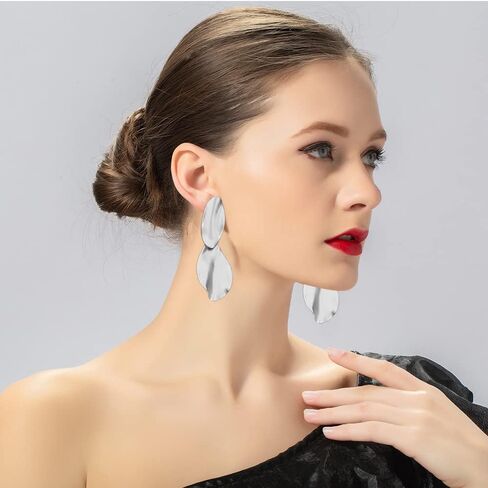 Matte Gold Silver Hammered Long Drop Clip On Earrings Large Unique Statement Clip Earrings for Women in Kuwait