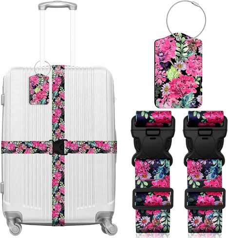 3 Pack Luggage Straps Tags Set for Suitcases, Travel Adjustable Belt with Quick Release Buckle and Name ID Label Card, Heavy Duty Nylon Bag Packing Strap for Business -Pink Flower in Saudi Arabia