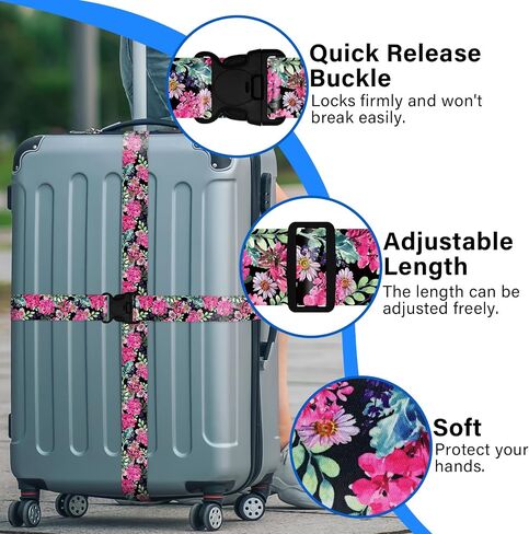 3 Pack Luggage Straps Tags Set for Suitcases, Travel Adjustable Belt with Quick Release Buckle and Name ID Label Card, Heavy Duty Nylon Bag Packing Strap for Business -Pink Flower in Saudi Arabia