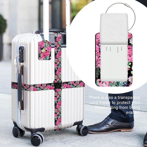 3 Pack Luggage Straps Tags Set for Suitcases, Travel Adjustable Belt with Quick Release Buckle and Name ID Label Card, Heavy Duty Nylon Bag Packing Strap for Business -Pink Flower in Saudi Arabia