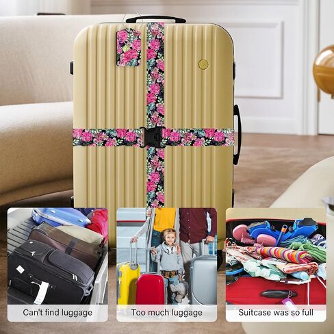 3 Pack Luggage Straps Tags Set for Suitcases, Travel Adjustable Belt with Quick Release Buckle and Name ID Label Card, Heavy Duty Nylon Bag Packing Strap for Business -Pink Flower in Saudi Arabia