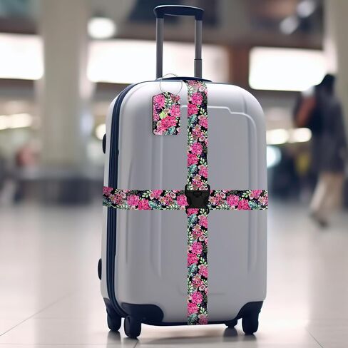 3 Pack Luggage Straps Tags Set for Suitcases, Travel Adjustable Belt with Quick Release Buckle and Name ID Label Card, Heavy Duty Nylon Bag Packing Strap for Business -Pink Flower in Saudi Arabia
