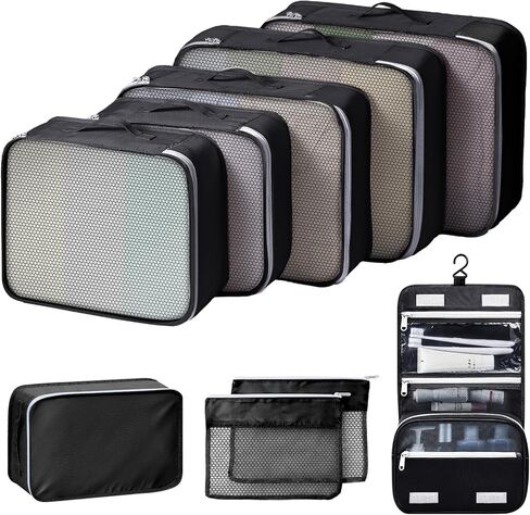 مكعبات تعبئة للسفر - 9 مجموعات من مكعبات التعبئة لحقيبة السفر، مجموعة حقائب سفر كبيرة الحجم لتنظيم الأمتعة مع أكياس غسيل للسفر/حقيبة أحذية/حقيبة أدوات الزينة (بيج) in Kuwait