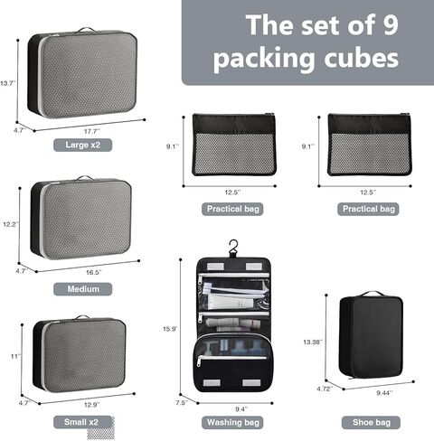 مكعبات تعبئة للسفر - 9 مجموعات من مكعبات التعبئة لحقيبة السفر، مجموعة حقائب سفر كبيرة الحجم لتنظيم الأمتعة مع أكياس غسيل للسفر/حقيبة أحذية/حقيبة أدوات الزينة (بيج) in Kuwait