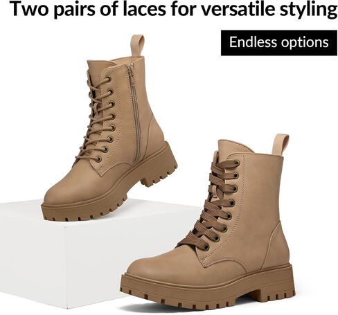 mysoft Women's Combat Boots Lace-Up Platform Ankle Booties Chunky Low Heel Side Zipper Shoes in Saudi Arabia