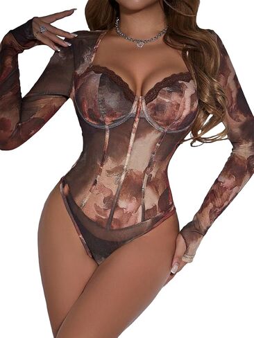 SweatyRocks Women's Allover Printed Sweetheart Neck Bodysuit Long Sleeve Jumpsuits in Saudi Arabia