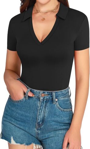 MANGOPOP V Neck Bodysuit for Women Short Sleeve Bodysuit for Women Going Out Tops Collared Bodysuit in Saudi Arabia