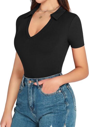 MANGOPOP V Neck Bodysuit for Women Short Sleeve Bodysuit for Women Going Out Tops Collared Bodysuit in Saudi Arabia