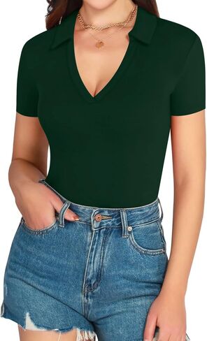 MANGOPOP V Neck Bodysuit for Women Short Sleeve Bodysuit for Women Going Out Tops Collared Bodysuit in Saudi Arabia