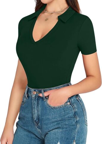 MANGOPOP V Neck Bodysuit for Women Short Sleeve Bodysuit for Women Going Out Tops Collared Bodysuit in Saudi Arabia