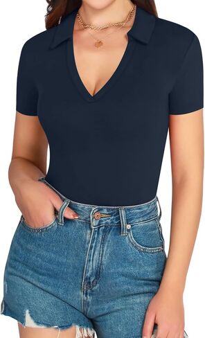 MANGOPOP V Neck Bodysuit for Women Short Sleeve Bodysuit for Women Going Out Tops Collared Bodysuit in Saudi Arabia