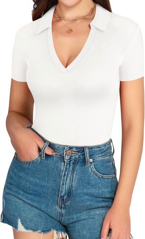 MANGOPOP V Neck Bodysuit for Women Short Sleeve Bodysuit for Women Going Out Tops Collared Bodysuit in Saudi Arabia