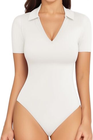 MANGOPOP V Neck Bodysuit for Women Short Sleeve Bodysuit for Women Going Out Tops Collared Bodysuit in Saudi Arabia