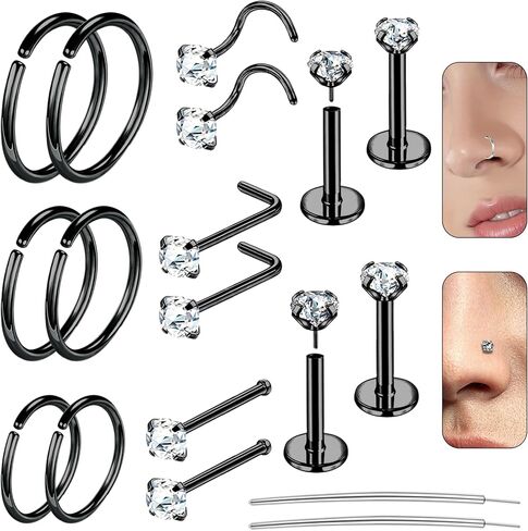 Stainless Steel Nose Rings Hoop Set For Women Men Flat Back Nose Studs Cartilage Earring 18g 20g CZ Hypoallergenic Piercing Jewelry For Nose Septum Cartilage L Shaped Screw Bone Nose Studs 18pcs in Kuwait