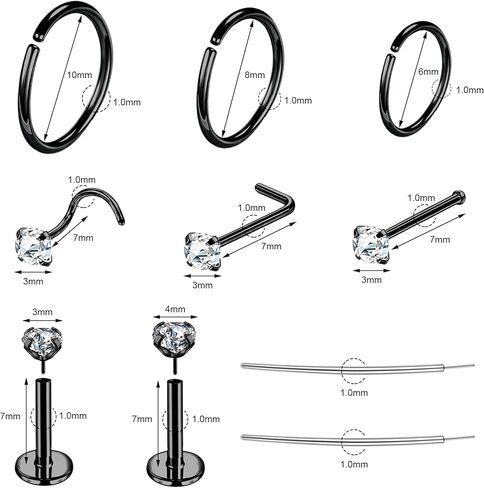 Stainless Steel Nose Rings Hoop Set For Women Men Flat Back Nose Studs Cartilage Earring 18g 20g CZ Hypoallergenic Piercing Jewelry For Nose Septum Cartilage L Shaped Screw Bone Nose Studs 18pcs in Kuwait