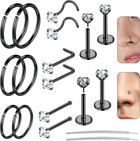 Stainless Steel Nose Rings Hoop Set For Women Men Flat Back Nose Studs Cartilage Earring 18g 20g CZ Hypoallergenic Piercing Jewelry For Nose Septum Cartilage L Shaped Screw Bone Nose Studs 18pcs in Kuwait