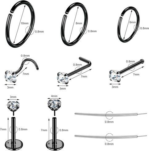 Stainless Steel Nose Rings Hoop Set For Women Men Flat Back Nose Studs Cartilage Earring 18g 20g CZ Hypoallergenic Piercing Jewelry For Nose Septum Cartilage L Shaped Screw Bone Nose Studs 18pcs in Kuwait
