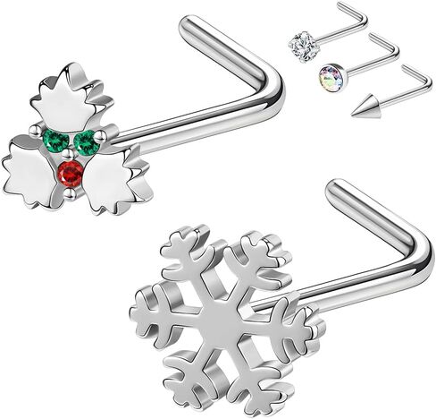 20G Nose Studs, Christmas Elements Nose Ring Studs L-Shaped, 316L Stainless Steel Nose Piercing Jewelry, Nostril Daith Tragus Piercing Jewelry for Women and Men in Kuwait