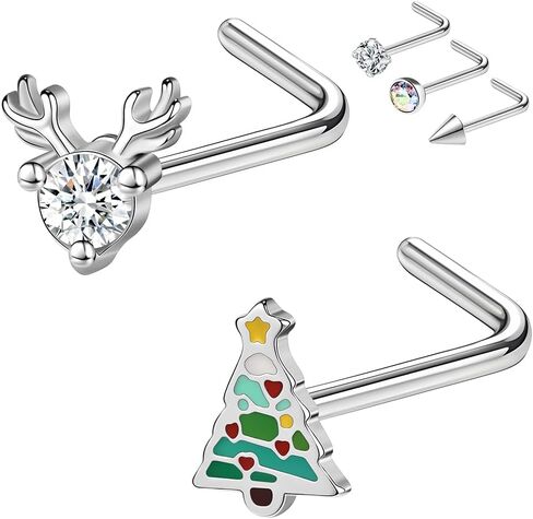 20G Nose Studs, Christmas Elements Nose Ring Studs L-Shaped, 316L Stainless Steel Nose Piercing Jewelry, Nostril Daith Tragus Piercing Jewelry for Women and Men in Kuwait