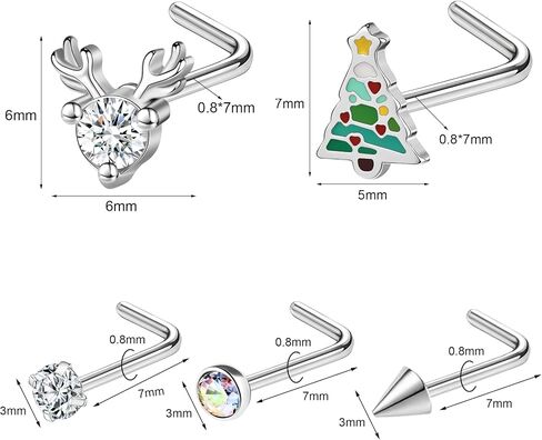 20G Nose Studs, Christmas Elements Nose Ring Studs L-Shaped, 316L Stainless Steel Nose Piercing Jewelry, Nostril Daith Tragus Piercing Jewelry for Women and Men in Kuwait