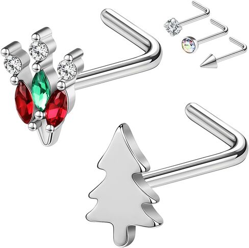 20G Nose Studs, Christmas Elements Nose Ring Studs L-Shaped, 316L Stainless Steel Nose Piercing Jewelry, Nostril Daith Tragus Piercing Jewelry for Women and Men in Kuwait