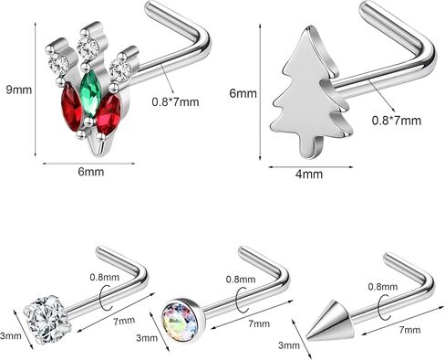20G Nose Studs, Christmas Elements Nose Ring Studs L-Shaped, 316L Stainless Steel Nose Piercing Jewelry, Nostril Daith Tragus Piercing Jewelry for Women and Men in Kuwait