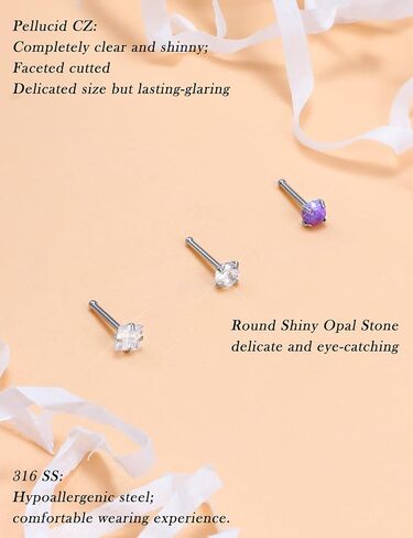 أوبال الأنف خواتم ترصيع 20G 18G الجراحية الصلب الأنف مسمار الأنف ثقب المجوهرات أعلى تشيكوسلوفاكيا 1.5 مم 2 مم 2.5 مم 3 مم مستقيم L المسمار الأنف الدائري مسمار القلب ثقب الأنف مجوهرات للنساء الرجال in Kuwait