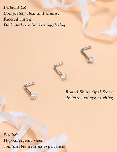 Opal Nose Rings Studs 20G 18G Surgical Steel Nose Stud Nose Piercing Jewelry Top CZ 1.5mm 2mm 2.5mm 3mm Straight L Screw Nose Ring Stud Heart Nostril Piercing Jewelry for Women Men in Saudi Arabia