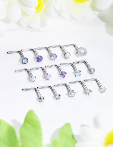 Opal Nose Rings Studs 20G 18G Surgical Steel Nose Stud Nose Piercing Jewelry Top CZ 1.5mm 2mm 2.5mm 3mm Straight L Screw Nose Ring Stud Heart Nostril Piercing Jewelry for Women Men in Saudi Arabia