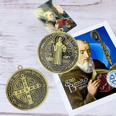 Bovemee ​​2 قطعة ST BENEDICT CROSS MEDAL 3 بوصة لمسة نهائية من النحاس العتيق للجدار أو المكتب/ميدالا دي سان بينيتو (ذهبي وفضي) in Kuwait