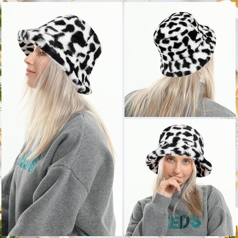 Winter Faux Fur Bucket Hat, Fluffy Fuzzy Warm Hats, Plush Fisherman Cap, Furry Puffy Hats for Women in Kuwait