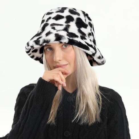 Winter Faux Fur Bucket Hat, Fluffy Fuzzy Warm Hats, Plush Fisherman Cap, Furry Puffy Hats for Women in Kuwait