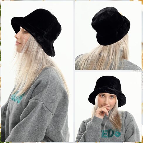 Winter Faux Fur Bucket Hat, Fluffy Fuzzy Warm Hats, Plush Fisherman Cap, Furry Puffy Hats for Women in Kuwait