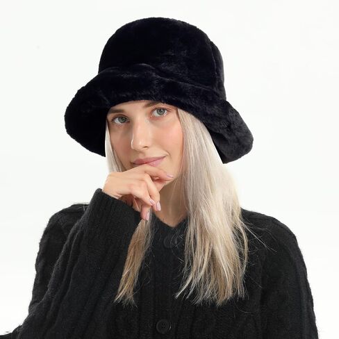 Winter Faux Fur Bucket Hat, Fluffy Fuzzy Warm Hats, Plush Fisherman Cap, Furry Puffy Hats for Women in Kuwait